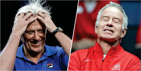  ?? REUTERS/AP ?? Tearing their hair out: Europe captain Borg (left) and World skipper McEnroe can’t contain their emotions