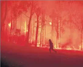  ??  ?? A fire officer protects the Colo Heights Public School from being impacted by the Gospers Mountain fire near Colo Heights south west of Sydney, Australia. REUTERS