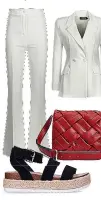  ?? ?? HIGH STREET: Blazer, £26.25; trousers, £22.50, both boohoo.com; bag, £28, Next; sandals, £44, Miss KG at Kurt Geiger