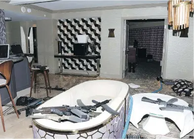 ?? LAS VEGAS METROPOLIT­AN POLICE DEPARTMENT VIA THE NEW YORK TIMES ?? Some of the massive firepower used by Stephen Paddock is seen in a room of the Mandalay Bay Resort and Casino in Las Vegas in October 2017. Paddock killed 58 people from his 32nd-floor suite before killing himself.