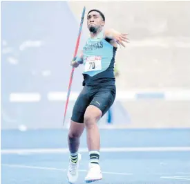  ?? GLADSTONE TAYLOR ?? Bahamian javelin thrower Keyshawn Strachan in action in the Boys U20 event at the Carifta Games in Kingston on Saturday, April 16, 2022.