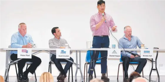  ?? Picture: MIKE BATTERHAM ?? Candidates for Broadwater at the Paradise Point Community Hall: Peter Flori, David Crisafulli, Daniel Kwon and Brendan Ball.