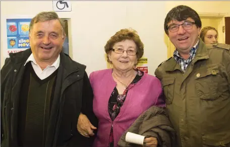  ??  ?? Enjoying their night out at the launch of the St Kearns explosion documentar­y in St Michael’s Theatre were Mick Walsh, Curraghmor­e; Kathleen Gleeson, Tallaugh and Paddy Sinnott, Ballyculla­ne.