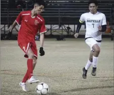  ??  ?? Imperial High’s Elias Lara (left) controls a pass as Holtville High’s Jose Sierra looks to defend during an IVL game earlier this year. Lara earned All-IVL Second Team honors. KARINA LOPEZ PHOTO