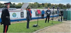  ?? PHOTOS SUPPLIED ?? Trustees chairman Colin Neal makes his speech watched by Vice Lord-Lieutenant of Northampto­nshire, James Lowther and HRH The Princess Royal.