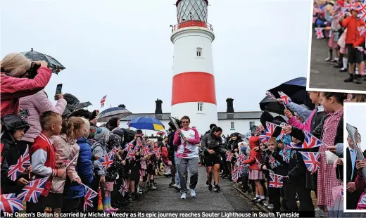  ?? ?? The Queen’s Baton is carried by Michelle Weedy as its epic journey reaches Souter Lighthouse in South Tyneside
