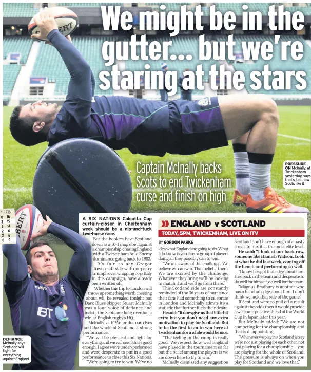  ??  ?? DEFIANCE McInally says Scotland will fight for everything against England PRESSURE ON McInally, at Twickenham yesterday, says that’s just how Scots like it