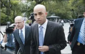  ??  ?? In this Sept. 21, 2015, file photo, James Blake arrives at New York’s City Hall. A 2015 incident where former pro tennis star Blake was mistakenly arrested in New York City has become the subject of a disciplina­ry trial for the arresting officer...