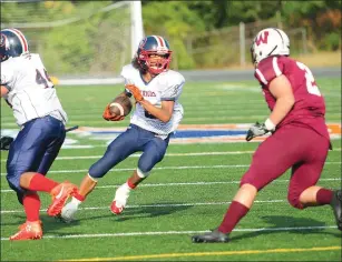  ?? File photo by Ernest A. Brown ?? Central Falls quarterbac­k Sergio Velez (3) and the Warriors have won their first three league games - all on the road. The Warriors are back in action Friday night against Toll Gate at Vets.