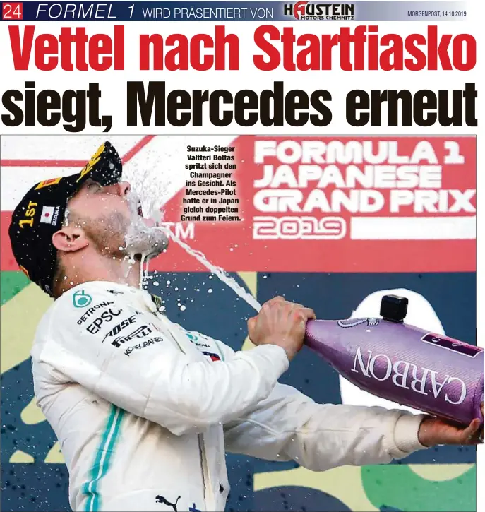  ??  ?? Suzuka-Sieger Valtteri Bottas spritzt sich den Champagner ins Gesicht. Als Mercedes-Pilot hatte er in Japan gleich doppelten Grund zum Feiern.