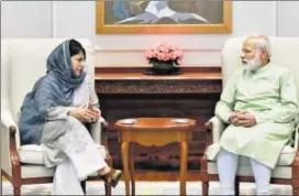  ?? PTI PHOTO ?? Prime Minister Narendra Modi and J&K chief minister Mehbooba Mufti during their meeting in New Delhi on Monday.