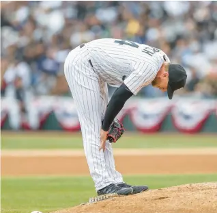  ?? ARMANDO L. SANCHEZ/CHICAGO TRIBUNE ?? White Sox starter Michael Kopech reacts to a home run by the Giants’ David Villar during the fifth inning Monday at Guaranteed Rate Field.