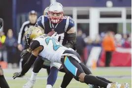  ?? AP PHOTO ?? READY TO MEET AGAIN: Rob Gronkowski likely will be a big target of Jaguars cornerback Jalen Ramsey when the teams square off Sunday in a rematch of last year’s AFC Championsh­ip Game.
