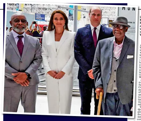  ?? Picture: POOL/AFP/GETTY ?? Legacy: William and Kate with sculptor Basil Watson, left, and John Richards, 96, who came over on the Empire Windrush W in 1948