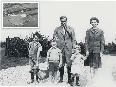  ??  ?? The Kidner family in spring 1945, when they lived at Furze Copse Farm in Slinfold and, inset, aerial view of Furze Copse Farm in Slinfold around 1938