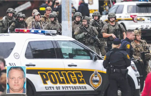  ?? Picture: AP ?? ON ALERT: Law enforcemen­t officers secure the scene outside the synagogue where 11 people were gunned down. Inset: Robert Bowers.