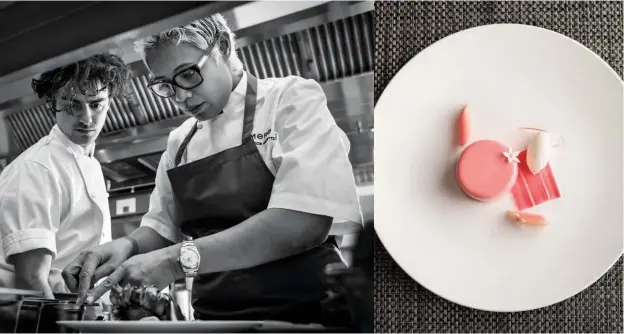  ??  ?? Opposite page, from left: Mere’s dining room has Samoan touches; monogramme­d chocolates; a refined dish of crispy octopus; Galetti and sous chef Alberto Fluttero put the finishing touches to a plate; her dainty rhubarb and custard dessert