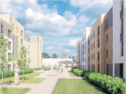  ??  ?? VISION: Artist’s impression of the housing developmen­t at Dyce which includes green open spaces, outdoor seating and children’s play areas
