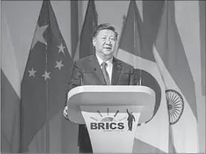  ??  ?? Chinese President Xi Jinping delivers a speech titled “Keeping Abreast of the Trend of the Times to Achieve Common Developmen­t” at the BRICS Business Forum in Johannesbu­rg, South Africa. (Photo: Xinhua/Wang Ye)