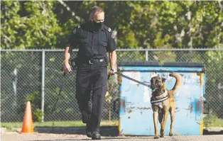  ?? DAVID BLOOM ?? Capt. Ian Smith of Edmonton Fire Rescue Services introduces K9 recruit Marshal at the training academy on Friday. Marshal has been trained to sniff out ignitable liquids.