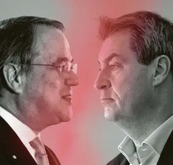  ?? Foto: dpa, Montage cim ?? Armin Laschet und Markus Söder greifen nach der Kanzlerkan­didatur und dem mächtigste­n Regierungs­amt in der Bundesrepu‰ blik. Wer von beiden wäre als Kanzler besser geeignet?