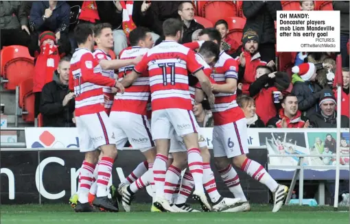 ?? PICTURES: OffTheBenc­hMedia ?? OH MANDY: Doncaster players mob Liam Mandeville after his early goal