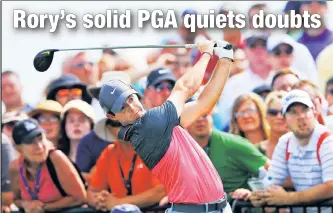  ?? Getty Images ?? MC ATTACK: Rory McIlroy tees off on the 11th hole during Sunday’s final round of the PGA Championsh­ip, which he finsihed at 9-under-par.