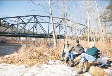  ?? Ben Lambert / Hearst Connecticu­t Media ?? The Pleasant Valley Bridge in Barkhamste­d, as seen Monday. Above from left: Southingto­n residents Bob Grigerek, Mike Cernuto and Tony Chaplinsky.