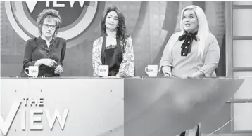  ?? WILL HEATH/NBC ?? Kate McKinnon, left, as Joy Behar, Melissa Villaseñor as Ana Navarro-Cardenas and Aidy Bryant as Meghan McCain during “The View” sketch on May 18.