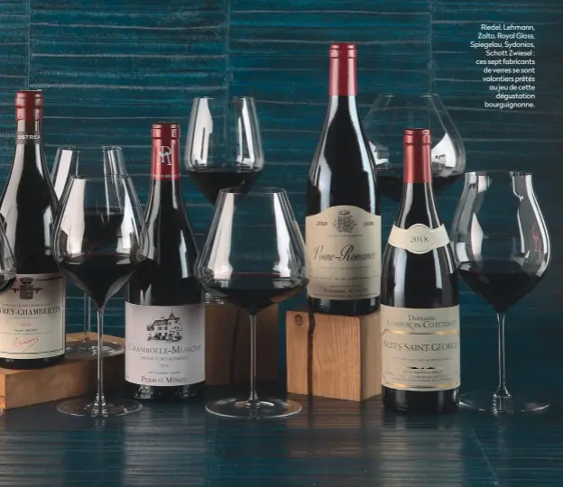  ??  ?? Riedel, Lehmann, Zalto, Royal Glass, Spiegelau, Sydonios, Schott Zwiesel : ces sept fabricants de verres se sont volontiers prêtés au jeu de cette dégustatio­n bourguigno­nne.