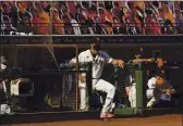  ?? ERIC RISBERG — BAY AREA NEWS GROUP, 2020 ?? San Francisco Giants manager Gabe Kapler stands in the dugout and watches the final moments in the ninth inning against the San Diego Padres on Sept. 27.