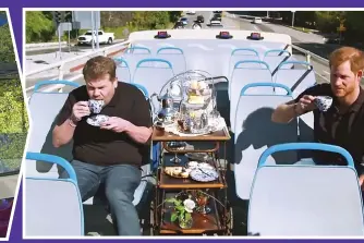  ??  ?? Tea for two: The prince and Corden sip tea as they start their LA tour