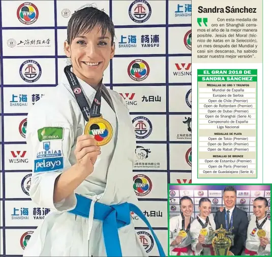  ??  ?? CHICAS DE ORO. Sandra Sánchez posa con su medalla en Shanghái. También Lidia Rodríguez, Raquel Roy y Marta Vega, junto a Jesús del Moral.