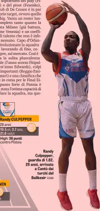  ?? CIAM ?? Randy CULPEPPER Randy Culpepper, guardia di 1.82, 28 anni, arrivato a Cantù dai turchi del Balikesir