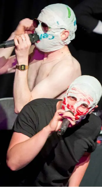  ??  ?? HARD-HITTING AND HILARIOUS: Mr Chrome (back) and Blindboy Boat Club of The Rubberband­its performing their sold-out show ‘Continenta­l Fistfight’ in the Gilded Balloon at the Edinburgh Fringe festival.