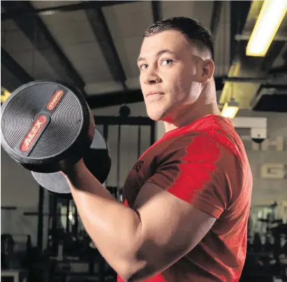  ?? DAVID CONACHY ?? Former Leinster Academy star Tadgh McElroy in Tojos gym in Dundalk last week and, below, pictured in Saracens colours before the start of last season