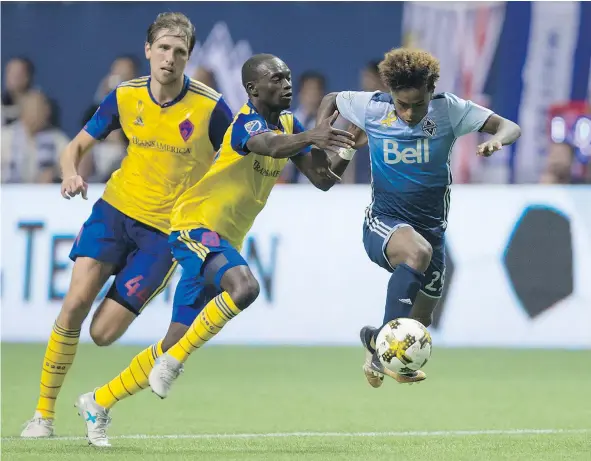  ?? — CP FILES ?? Midfielder Yordy Reyna, right, will be sorely missed Saturday as the Vancouver Whitecaps visit the New York Red Bulls in the Big Apple. The Peruvian star, who will suit up for his national team instead, has been a big reason for the Caps’ recent run of...