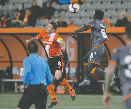  ?? DAN HAMILTON/USA TODAY SPORTS ?? Cavalry FC midfielder Nik Ledgerwood, left, is injured in a collision with Forge FC midfielder Kwame Awuah in an Oct. 16 game in Hamilton. Ledgerwood’s status is uncertain for Leg 1 for the CPL finals on Saturday, while Awuah will be in the lineup for the host team.