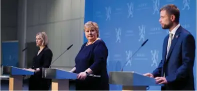  ?? HÅKON MOSVOLD LARSEN, NTB SCANPIX ?? Kunnskapsm­inister Guri Melby (V), Statsminis­ter Erna Solberg (H) og helseminis­ter Bent Høie (H) presentert­e i går hvilke koronatilt­ak regjeringe­n ønsker å videreføre i dagene og ukene etter påske.