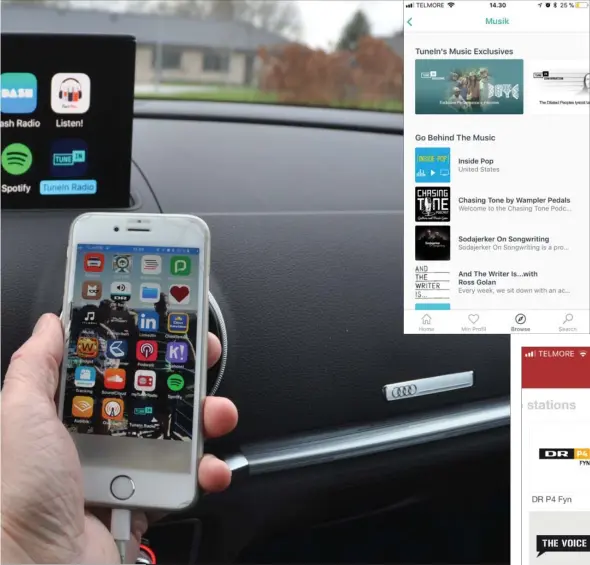  ?? FOTOS: JENS OVERGAARD ?? Med Apple Carplays mange apps åbner der sig en verden af muligheder for digital radio og podcasts i din bil, her i en Audi A3.
TuneIn Radio åbner for en verden af musik, nyheder og sportsradi­o.