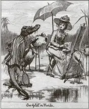  ?? DALE HORST IMAGE COURTESY OF W. ?? Frederick Stuart Church’s drawing “Our Artist in Florida” appeared on the cover of Harper’s Bazaar magazine in 1890. In the sketch, Church, portrayed as an alligator, greets Laura Woodward at her easel. The original drawing is in the collection of...