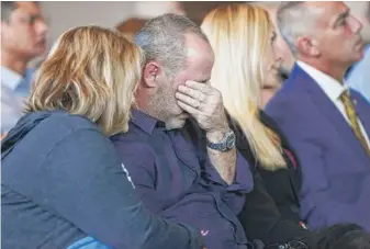  ?? BRYNN ANDERSON/AP ?? Fred Guttenberg, whose daughter, Jamie, was killed in the Parkland school shooting, cries while his wife Jennifer, comforts him during a state hearing Thursday in Sunrise, Florida.