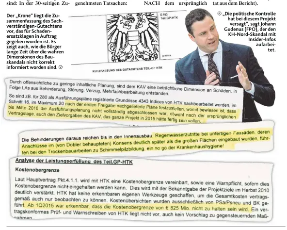  ??  ?? „ Die politische Kontrolle hat bei diesem Projekt versagt“, sagt Johann Gudenus ( FPÖ), der den KH- Nord- Skandal mit Insider- Infos aufarbeite­t.