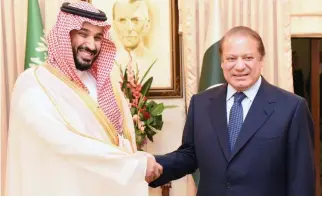  ??  ?? BROTHERLY BONDS: Deputy Crown Prince Mohammed bin Salman being received by Pakistan Prime Minister Nawaz Sharif in Islamabad on Sunday.