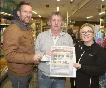  ??  ?? At Quick Pick, Ross Road, Enniscorth­y were PJ Banville, advertisin­g executive, Enniscorth­y Guardian; Billy Mernagh, Pearse Rd, Enniscorth­y, winner €20 and Emma O’Brien, store manager.