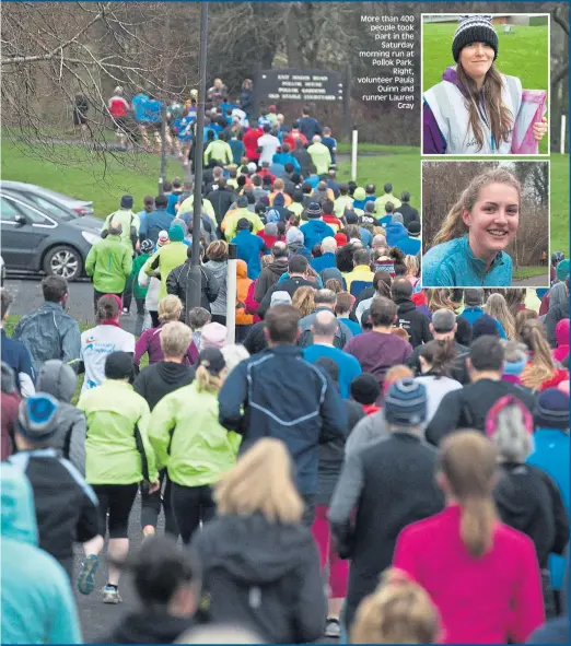  ??  ?? More than 400 people took part in the Saturday morning run at Pollok Park. Right, volunteer Paula Quinn and runner Lauren Gray