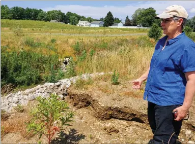  ?? BETSY SCOTT — THE NEWS-HERALD ?? Maurine Orndorff, watershed coordinato­r for Lake Soil & Water Conservati­on District, points out erosion along the banks of a drainage ditch at Springbroo­k Gardens Park. The park is amid a stream restoratio­n project to improve water quality.