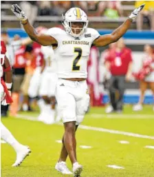  ?? STAFF FILE PHOTO BY ROBIN RUDD ?? UTC cornerback Kareem Orr celebrates a play during last season’s game against Jacksonvil­le State. Orr will be a senior this season.