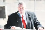  ?? Ned Gerard / Hearst Connecticu­t Media file ?? Superinten­dent of Schools Dr. Matthew Conway speaks at the groundbrea­king ceremony for the new J.R. Payden Field House and baseball field at Derby High School in March.