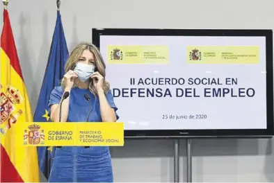  ?? EFE ?? La ministra de Trabajo, Yolanda Díaz, durante la presentaci­ón de la nueva prórroga a los ERTE del covid.